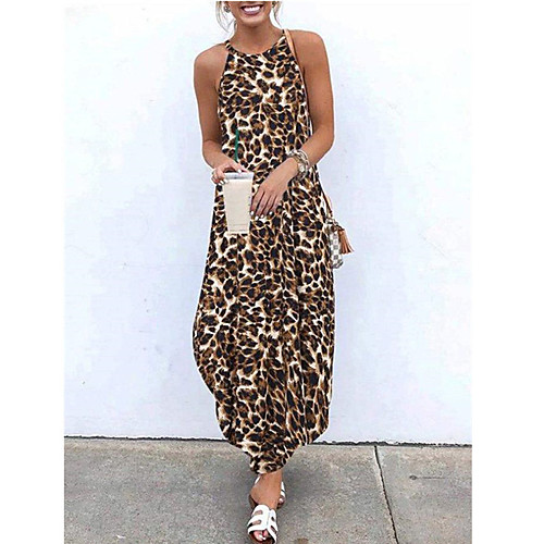 

amazon 2021 summer new women's european and american leopard print neckline dovetail sling loose large size dress women