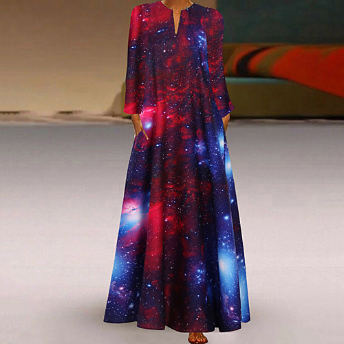 

Women's Swing Dress Maxi long Dress Blue Black Red Long Sleeve Print Print Spring Summer V Neck Casual Loose 2021 S M L XL XXL 3XL 4XL 5XL