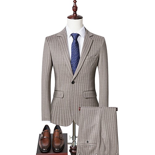 

Men's Suits Pants Blazer Business Wedding Guest Striped Single Breasted One-button Single Breasted Regular Fit Polyester Men's Suit Gray / Khaki / Black - Peaked Lapel