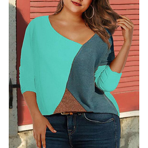 

Women's Plus Size Tops Color Block Long Sleeve Crew Neck Spring Summer White Blue Red Big Size XL XXL 3XL 4XL