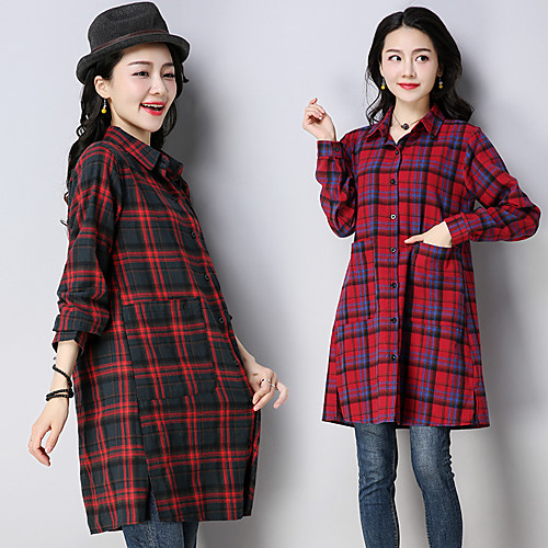 

Women's Coat Casual / Daily All Seasons Long Coat Shirt Collar Regular Fit Casual Jacket Square Others Navy Red / Cotton