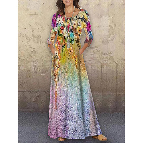 

Women's Shift Dress Maxi long Dress Purple 3/4 Length Sleeve Floral Print Print Spring Summer Round Neck Casual Holiday 2021 S M L XL XXL 3XL