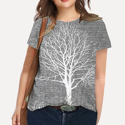 

Women's Plus Size Tops T shirt Graphic Leaf Print Short Sleeve Crewneck Basic Gray Big Size XL XXL 3XL 4XL 5XL
