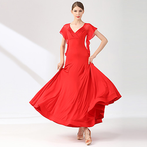 

Ballroom Dance Dress Ruffles Splicing Women's Training Performance Short Sleeve Mesh Milk Fiber