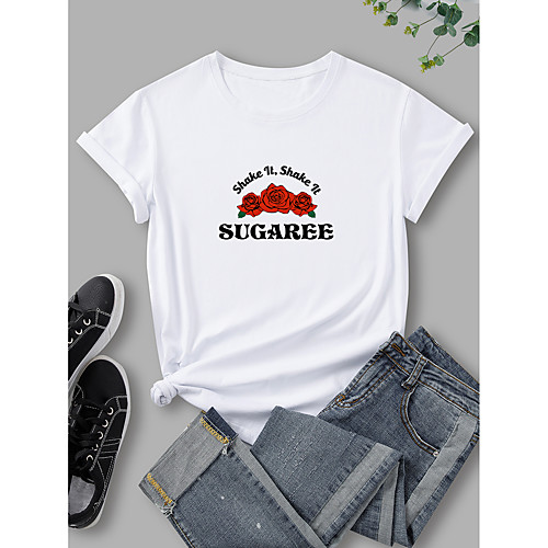 

Women's T shirt Graphic Rose Print Round Neck Basic Tops 100% Cotton White Purple Wine
