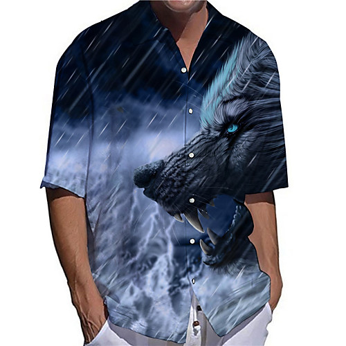 

Men's Shirt 3D Print Wolf Animal Plus Size 3D Print Button-Down Short Sleeve Casual Tops Casual Fashion Streetwear Breathable Blue / Sports