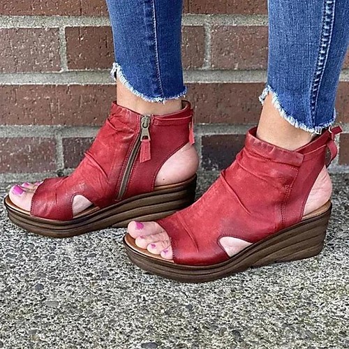 

Women's Sandals Wedge Sandals Wedge Heel Peep Toe Booties Ankle Boots PU Lace-up Solid Colored Light Brown Red Black / Booties / Ankle Boots