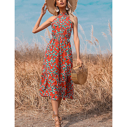 

Women's A Line Dress Midi Dress Red Sleeveless Print Color Block Patchwork Print Fall Summer cold shoulder Casual 2021 S M L XL