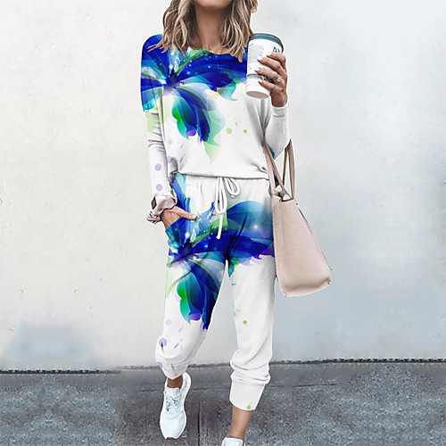 

Women's Basic Streetwear 3D Print Color Block Abstract Vacation Casual / Daily Two Piece Set Crew Neck Tracksuit T shirt Pant Loungewear Drawstring Print Tops / Loose