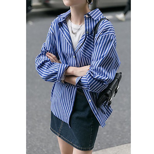

Women's Coat Daily Wear Spring Summer Regular Coat Loose Casual / Daily Jacket Stripes Stripe Dark blue bar / Cotton