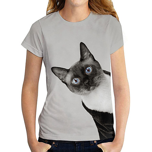 

Women's 3D Cat T shirt Cat 3D Animal Print Round Neck Tops Basic Basic Top Gray