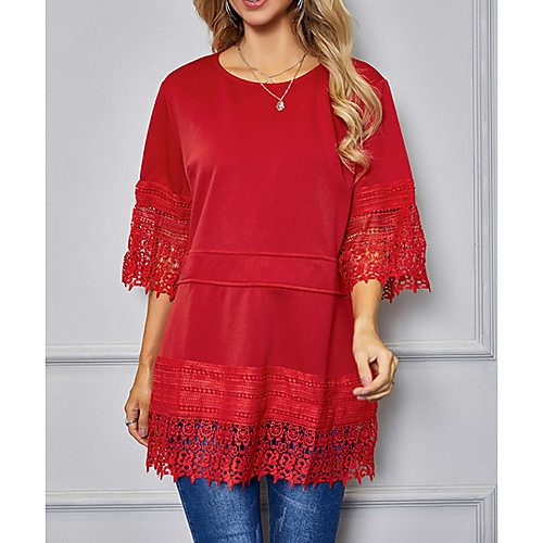 

Women's T Shirt Dress Tee Dress Short Mini Dress Red 3/4 Length Sleeve Solid Color Lace Fall Summer Round Neck Elegant Casual 2021 S M L XL XXL