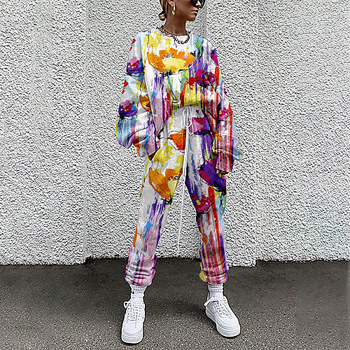 

Women's Basic Streetwear Floral Vacation Casual / Daily Two Piece Set Crew Neck Tracksuit T shirt Pant Loungewear Drawstring Print Tops / Loose