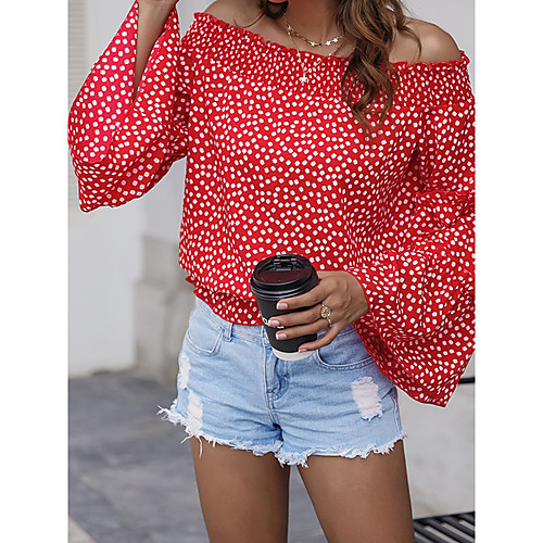 

Women's Blouse Polka Dot Long Sleeve Patchwork Off Shoulder Streetwear Tops Red