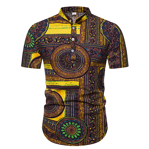 

Men's Shirt Other Prints Graphic Short Sleeve Casual Tops Ethnic Style Brown