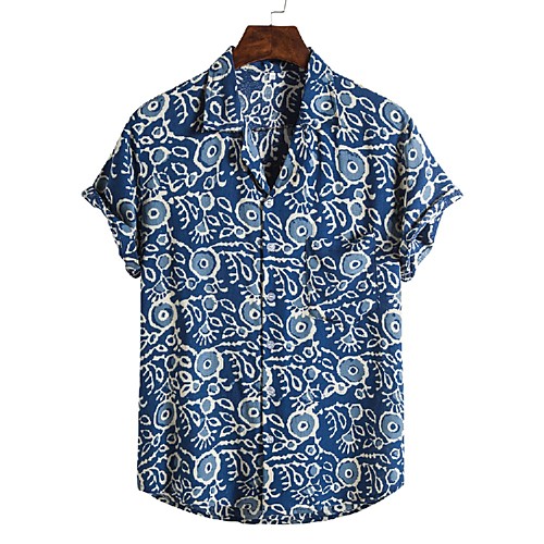 

Men's Shirt Other Prints Graphic Print Short Sleeve Holiday Tops Ethnic Style Light Blue