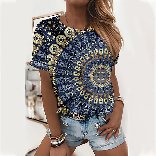 

Women's Abstract 3D Printed Painting T shirt Graphic Optical Illusion Print Round Neck Basic Tops Blue