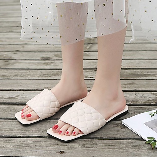 

Women's Sandals Outdoor Slippers Flat Heel Square Toe PU Solid Colored White Black Beige