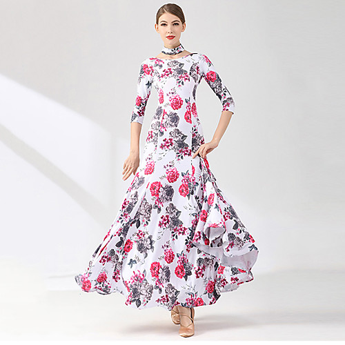 

Ballroom Dance Dress Printing Splicing Women's Training Performance 3/4 Length Sleeve Spandex