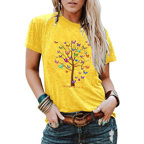 

Women's Butterfly T shirt Graphic Butterfly Print Round Neck Basic Tops 100% Cotton Purple Red Yellow