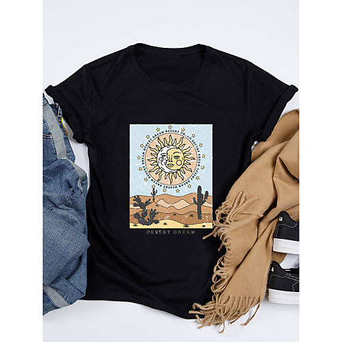 

Women's T shirt Graphic Print Round Neck Tops 100% Cotton Basic Basic Top White Black Red
