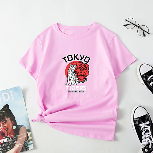 

Women's T shirt Floral Tiger Letter Print Round Neck Tops Cotton Basic Basic Top Black Blue Red