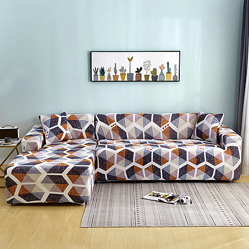 

Coffee Geometric Print Dustproof All-powerful Slipcovers Stretch L Shape Sofa Cover Super Soft Fabric Couch Cover Sofa Furniture Protector with One Free Boster Case