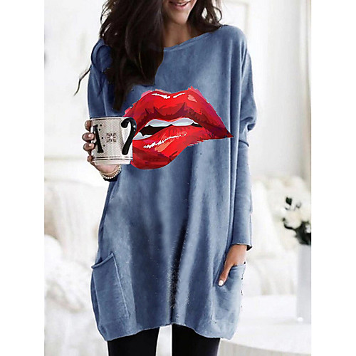 

Women's T shirt Dress Graphic Mouth Long Sleeve Pocket Round Neck Tops Basic Basic Top White Black Fuchsia