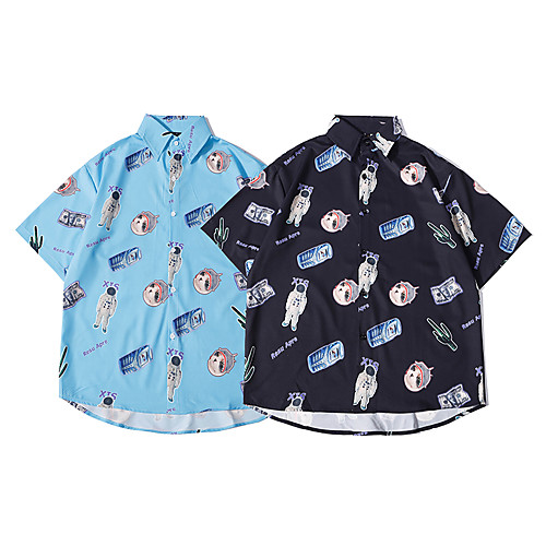 

Men's Shirt Other Prints Graphic Button-Down Print Short Sleeve Casual Tops Basic Hawaiian Distressed Black Blue / Summer