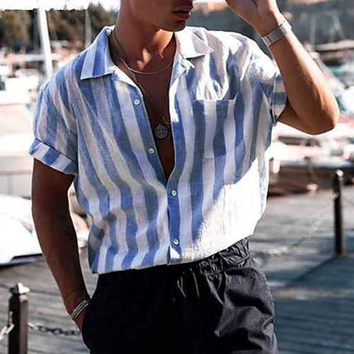 

Men's Shirt Striped Button-Down Short Sleeve Casual Tops Lightweight Casual Fashion Breathable Black Blue