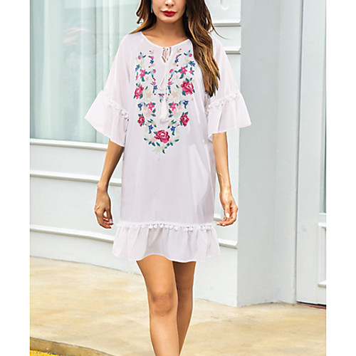 

Women's Shift Dress Short Mini Dress White Half Sleeve Floral Patchwork Print Fall Summer Round Neck Casual 2021 S M L XL