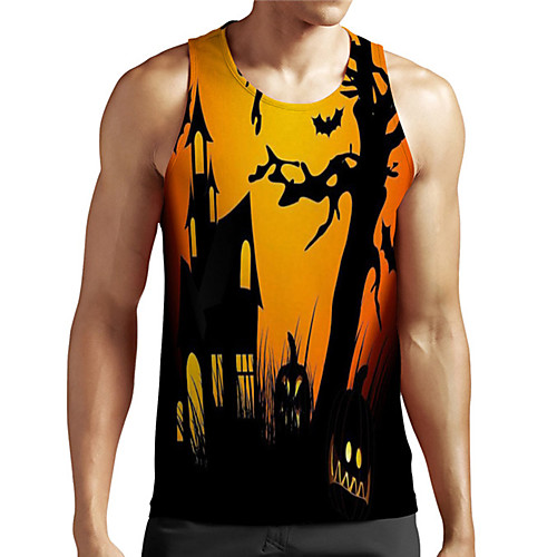 

Men's Unisex Tank Top Undershirt 3D Print Halloween Graphic Prints Pumpkin Plus Size Print Sleeveless Casual Tops Basic Designer Big and Tall Yellow