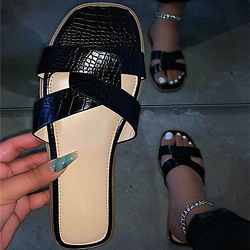 

Women's Sandals Outdoor Slippers Flat Heel Open Toe Patent Leather PU Solid Colored White Black Pink