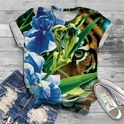 

Women's Plus Size Tops T shirt Graphic Tiger Animal Print Short Sleeve Crewneck Basic Blue Big Size XL XXL 3XL 4XL 5XL / Holiday