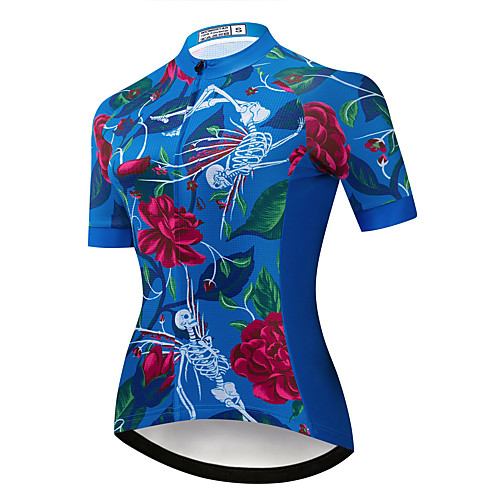 

21Grams Women's Short Sleeve Cycling Jersey Summer Spandex Polyester Blue Sugar Skull Skull Floral Botanical Bike Jersey Top Mountain Bike MTB Road Bike Cycling Quick Dry Moisture Wicking Breathable