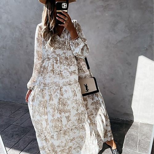 

Women's Swing Dress Maxi long Dress Blue Gray Green Red Long Sleeve Print Spring Summer Casual / Daily 2021 S M L XL 2XL