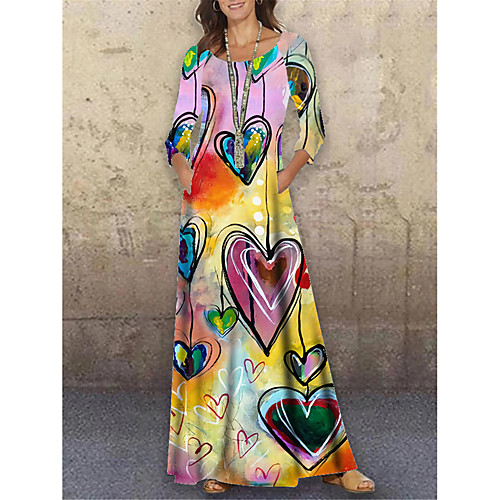 

Women's Shift Dress Maxi long Dress Rainbow 3/4 Length Sleeve Color Gradient Geometric Print Spring Summer Round Neck Casual Holiday 2021 S M L XL XXL 3XL