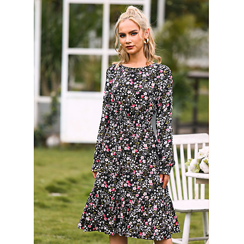 

Women's Swing Dress Maxi long Dress Black Long Sleeve Print Spring Summer Casual / Daily 2021 M L XL 2XL 3XL