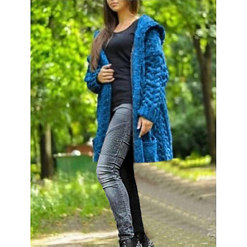 

Women's Knitted Solid Color Cardigan Acrylic Fibers Long Sleeve Sweater Cardigans Hooded Fall Winter Black Blue Yellow