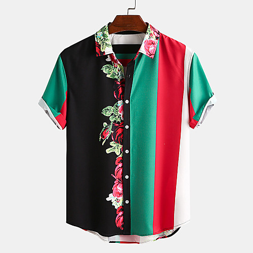 

Men's Shirt Floral Striped Button-Down Short Sleeve Casual Tops Lightweight Casual Fashion Breathable Black