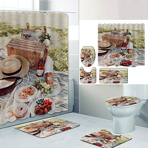 

Camping Digital Printing Four-piece Set Shower Curtains and Hooks Modern Polyester Machine Made Waterproof Bathroom