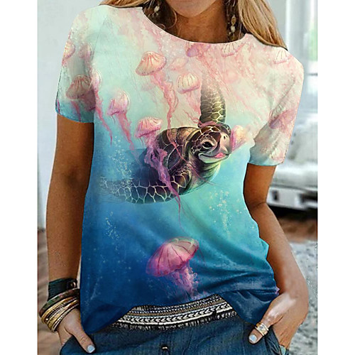 

Women's Floral Theme 3D Printed Painting T shirt Graphic Ocean Print Round Neck Basic Tops Blue