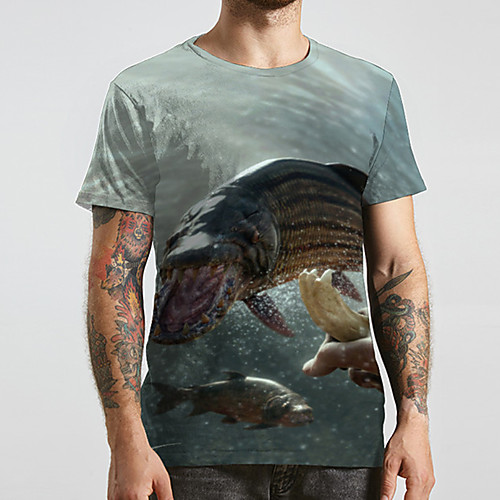 

Men's Unisex Tee T shirt 3D Print Graphic Prints Fish Plus Size Print Short Sleeve Casual Tops Basic Designer Big and Tall Gray