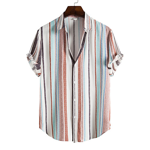 

Men's Shirt Striped Button-Down Short Sleeve Casual Tops Cotton Casual Fashion Breathable Comfortable Rainbow