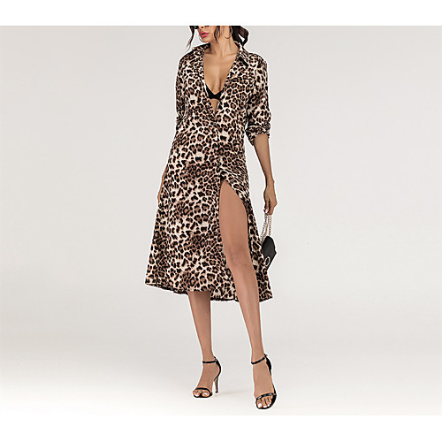 

Women's A Line Dress Knee Length Dress Leopard Independent real shots, stealing pictures must be Long Sleeve Pattern Spring Summer Casual / Daily 2021 S M L XL
