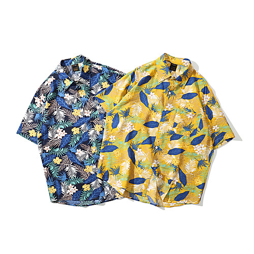 

Men's Shirt Other Prints Graphic Leaves Button-Down Print Short Sleeve Casual Tops 100% Cotton Basic Hawaiian Distressed Yellow Navy Blue