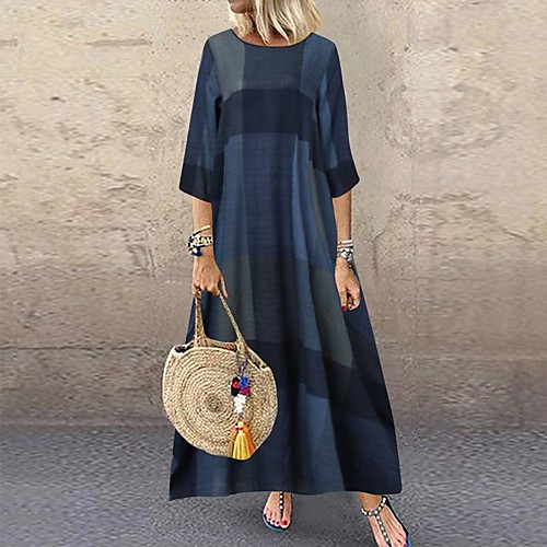 

Women's Swing Dress Maxi long Dress khaki Red Dark Blue 3/4 Length Sleeve Color Block Print Spring Summer Round Neck Casual Vintage Loose Holiday 2021 S M L XL XXL 3XL 4XL 5XL