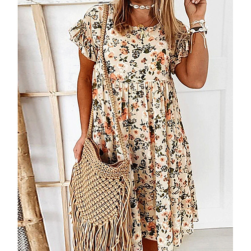 

Women's Shift Dress Knee Length Dress Black Beige Light Blue Short Sleeve Floral Print Fall Summer Round Neck Elegant Flare Cuff Sleeve 2021 S M L XL XXL 3XL / Cotton / Cotton