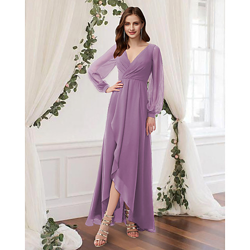 

A-Line Empire Elegant Wedding Guest Prom Dress V Neck Long Sleeve Ankle Length Chiffon with Pleats 2021