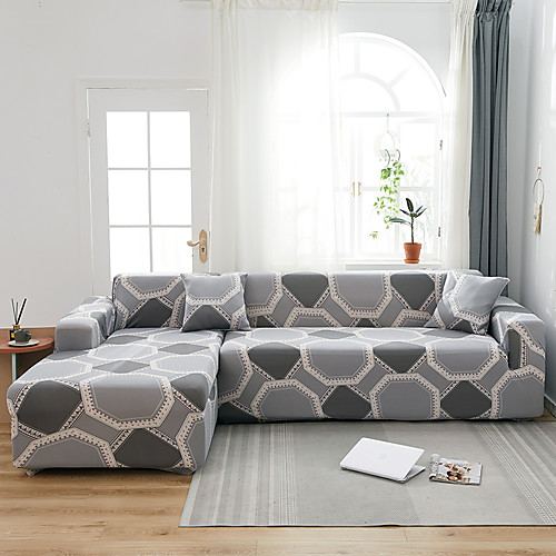 

Grey Grid Print Dustproof All-powerful Slipcovers Stretch L Shape Sofa Cover Super Soft Fabric Couch Cover Sofa Furniture Protector with One Free Boster Case